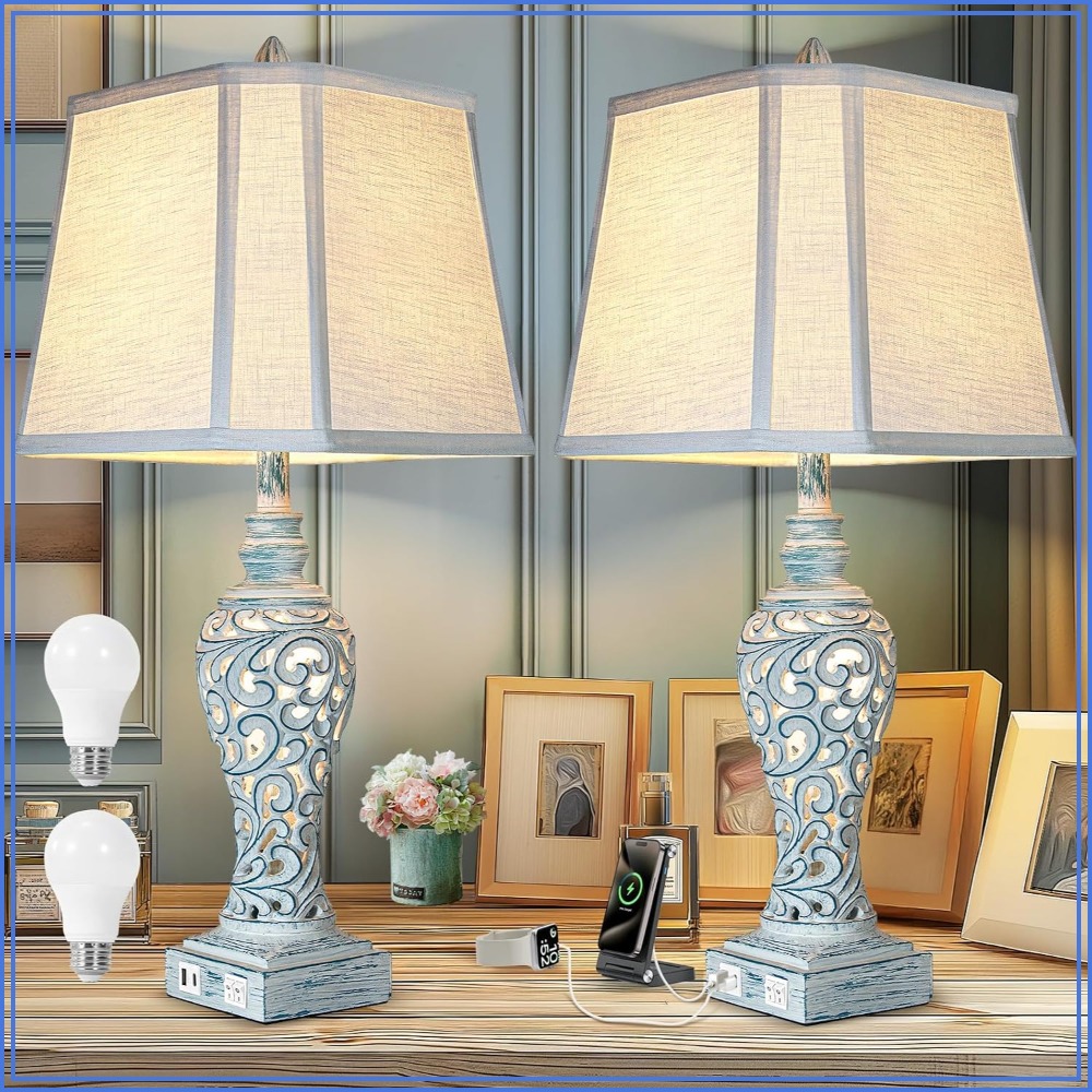 Solar Lamp - Vintage-Nachttischlampen im Farmhouse-Stil, 2er-Set mit USB-Ladeanschlüssen,