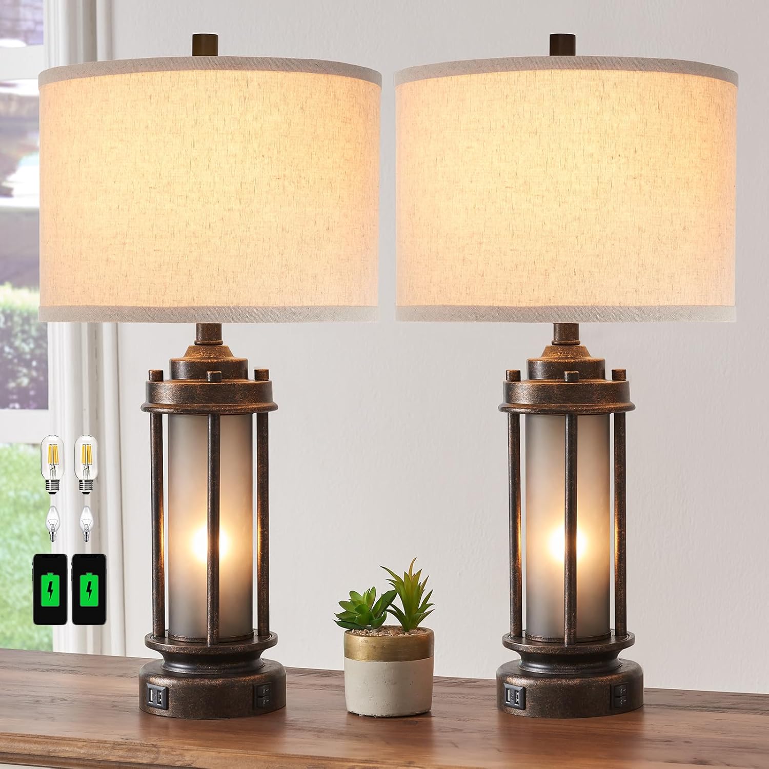 Solar Lamp - Set mit 2 Farmhouse-Lampen mit USB-Ladeanschlüssen