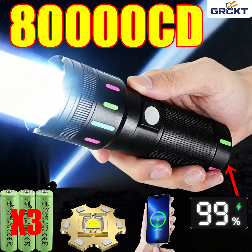 Energy Monitor Meter - 80000CD Leistungsstärkste LED-Taschenlampe Hochleistungs-Taktische Jagd-Taschenlampe Wiederaufladbare